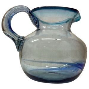 Hand Blown Blue Swirl Pitcher W/ Applied Handle Elegant Blue Glass Pitcher